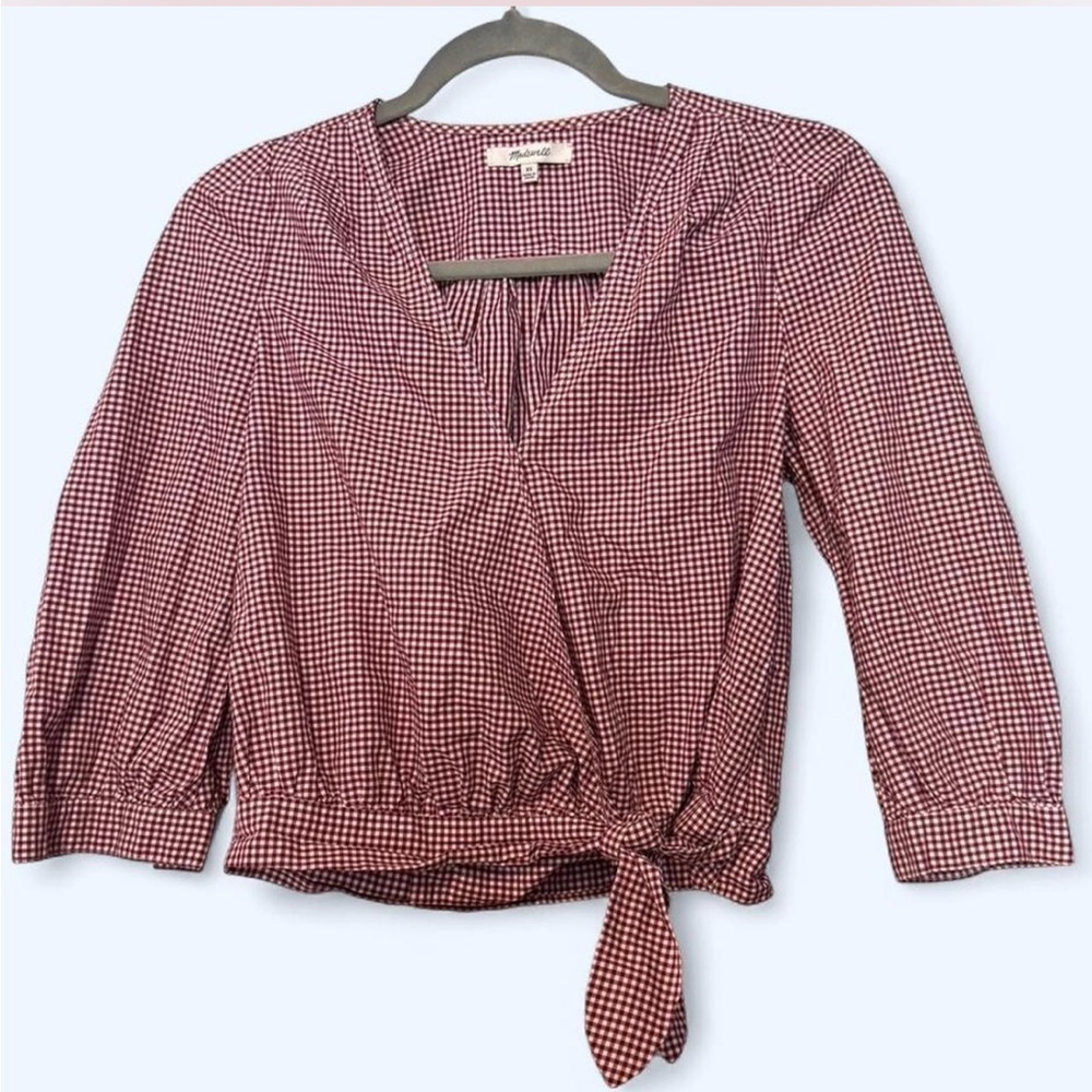 Madewell XS Red Gingham and Tie Wrap Blouse Top